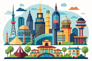 Obraz premium A Colorful Skyline with Architectural Landmarks and Buildings
