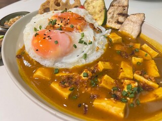 Tofu and Mushroom Curry sauce with fried vegetable and soft fried egg