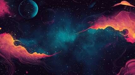 Abstract colorful galaxy with swirling nebulae and stars.