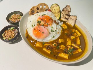 Tofu and Mushroom Curry sauce with fried vegetable and soft fried egg