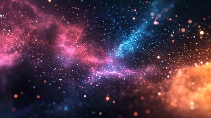 Fototapeta premium Abstract cosmic background with glowing nebulae and colorful bokeh lights.