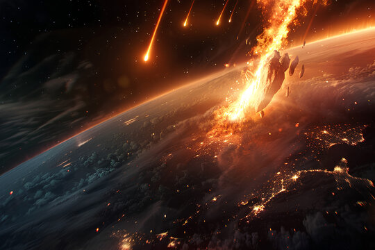 Burning meteor, meteorite falling in outer space, asteroid falling to earth, 3d rendering, generative AI