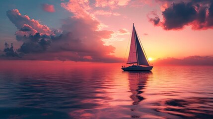 Fototapeta premium Sailboat at Sunset with Pink Clouds - A sailboat glides through calm waters under a vibrant pink sunset sky. The image represents peace, freedom, travel, and the beauty of nature.
