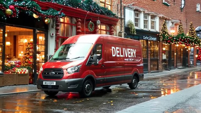 A red delivery van stands still on a cobblestone street decorated for the holidays, surrounded by quaint shops and twinkling lights