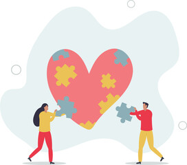 Charity project, non profit organization .Cartoon tiny volunteers fit puzzles into heart.flat design with people.