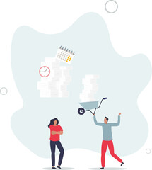 wheelbarrow full of paper documents, sorting unorganized stacks and heap.business and time management concept.flat design with people.