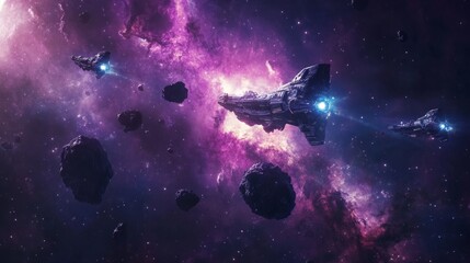 Fototapeta premium Three futuristic spaceships fly through a purple nebula field with a large asteroid field.