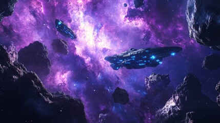 Obraz premium Two futuristic spaceships fly through an asteroid field in a purple nebula.