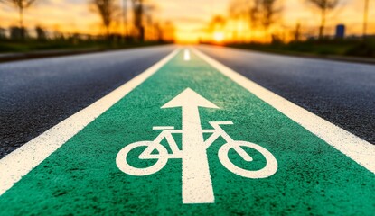 Fototapeta premium Green painted bike path with white arrow and bicycle icon on the road, sunset in the background