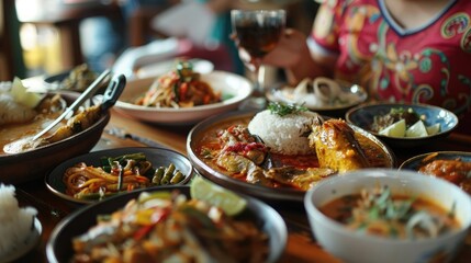 A vibrant spread of diverse dishes and colorful flavors at a lively dining table, perfect for food lovers and culinary enthusiasts.