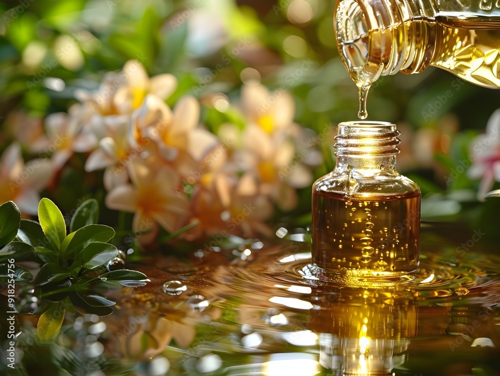 Sticker close up of essential oil bottle dripping into diffuser for aromatherapy and wellness