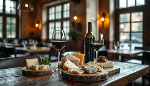 Cheese variety on wooden board with wine bottle and glass in elegant restaurant setting.
