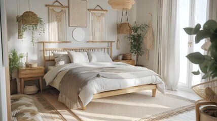 Bright and airy bedroom with bohemian decor, featuring natural materials and light curtains