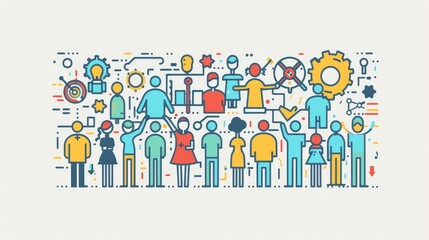 Obraz premium Teamwork, Collaboration and Connection: Business Success Illustration - A diverse group of people connected by lines and symbols, representing collaboration, teamwork, communication, and shared goals.