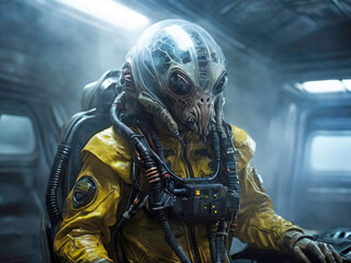 Fototapeta premium A alien astronaut in a yellow space suit and helmet inside a spaceship 