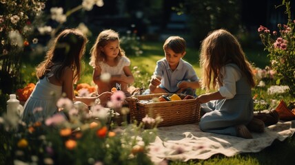 A group of kids having a picnic in a sunny garden, surrounded by lush greenery and blooming flowers, with a blanket spread out and baskets of food and toys scattered around.