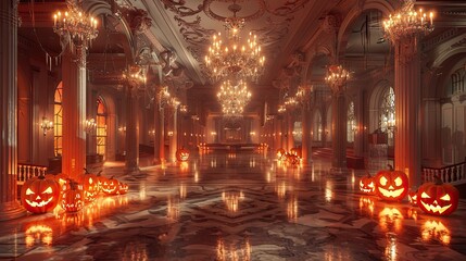 Elegant ballroom with chandeliers reflected in polished floors, adorned with ornate jack-o'-lanterns