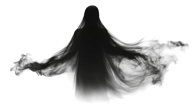 Realistic Halloween ghost shadow PNG. Transparent isolated phantom. Flying spooky dead soul. Black smoke transparent horror monster.