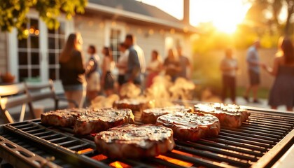 Steaks sizzle on the grill in a backyard, with a warm sunset casting a golden light. Blurred figures of people enjoy the lively, relaxed atmosphere.






