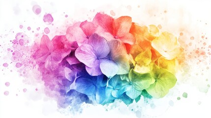 Vibrant Rainbow Hydrangea Flower with Watercolor Splatter - A close-up of a beautiful hydrangea flower with petals transitioning through all the colors of the rainbow, capturing the beauty of nature a