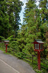 Way to the summit of Mount Takao adorned with hundreds of Red Lanterns along the ascent