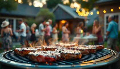 Steaks sizzle on the grill in a backyard, with a warm sunset casting a golden light. Blurred figures of people enjoy the lively, relaxed atmosphere.






