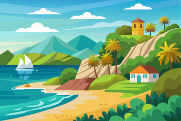 Fototapeta premium Tropical Island Landscape with Beach, Mountains, and Buildings
