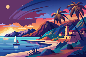 Obraz premium Coastal Village at Sunset with a Sailboat and Palm Trees