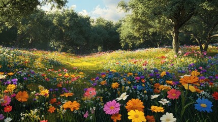 Obraz premium Vibrant Wildflower Meadow with Lush Green Trees - A picturesque meadow bursting with colorful wildflowers, bathed in warm sunlight and surrounded by towering green trees. It symbolizes nature's beauty