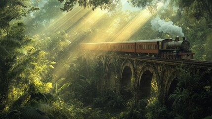 Steam locomotive on an ancient bridge amidst a dense rainforest, with beams of sunlight piercing through the canopy, Generative AI