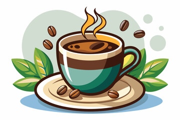 Obraz premium A steaming cup of coffee with coffee beans and leaves