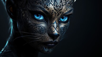 Obraz premium Intricate Metallic Cat-Inspired Humanoid Figure with Striking Blue Eyes: Perfect Poster for Modern Sports Interior Decor
