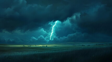 a dramatic storm over vast prairies, with dark clouds, lightning strikes and heavy rain