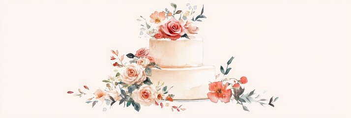 Watercolor Wedding Cake with Floral Decorations - A beautiful watercolor illustration of a two-tiered wedding cake adorned with delicate peach and pink roses, greenery, and intricate floral details. T