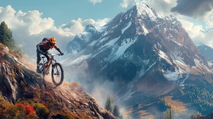 Fototapeta premium mountain biker navigating a rugged trail, with jumps and obstacles, set against a dramatic mountain backdrop