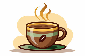Obraz premium Steaming Cup of Coffee with a Saucer and a Leaf Design