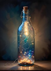 Colorful glass bottle filled with string lights, creating a vibrant and whimsical visual effect against a dark background