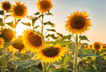 Obraz premium Vast field filled with bright sunflowers, creating a stunning, vibrant landscape under the clear sky. 