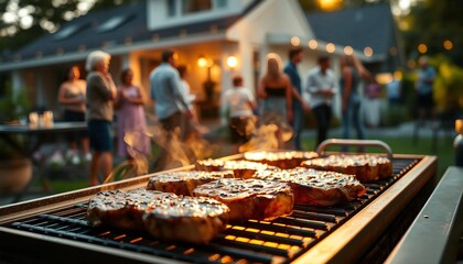 Steaks sizzle on the grill in a backyard, with a warm sunset casting a golden light. Blurred figures of people enjoy the lively, relaxed atmosphere.






