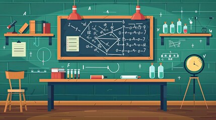 Fototapeta premium Physics equations, chalkboard and formulas, flat design illustration