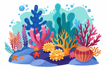 Colorful Seabed with Coral, Seaweed, and Starfish