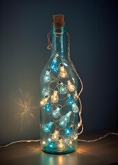Colorful glass bottle filled with string lights, creating a vibrant and whimsical visual effect against a dark background