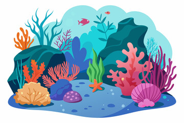 Underwater Scene with Coral Reef, Seaweed, and Fish