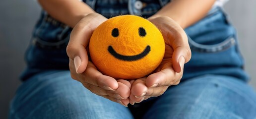 A woman is holding a bright yellow smiley face in her hands. The background is blurred.  This image is a concept of happiness, positivity, joy, and good mood.