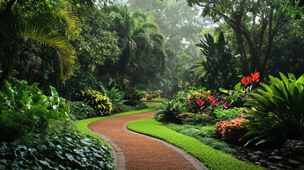 Obraz premium tranquil botanical garden scene with diverse plant species, lush greenery, and well-maintained pathways for leisurely walks