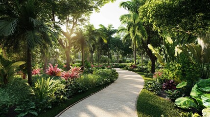 tranquil botanical garden scene with diverse plant species, lush greenery, and well-maintained pathways for leisurely walks