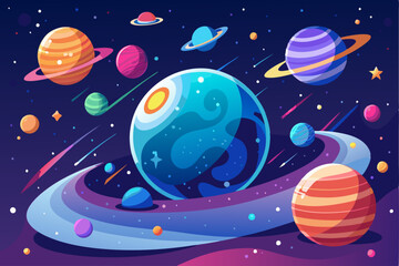 Colorful Planets and Stars in a Galaxy