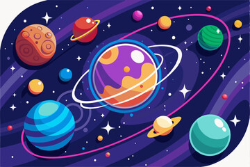 Colorful Planets and Stars in a Dark Blue Space