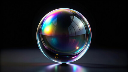 3d render transparent sphere glass bubble with holographic effect on black background, bubbles on black background