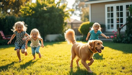 Obraz premium children are chasing the Happy golden retriever running in the garden of the house 